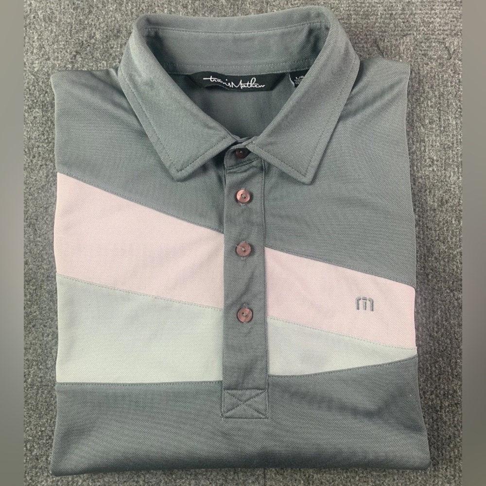 Travis Mathew Mens Short Sleeve Golf Polo Shirt Size L Gray/Pink